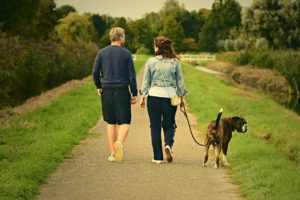 Couple taking a walk with dog