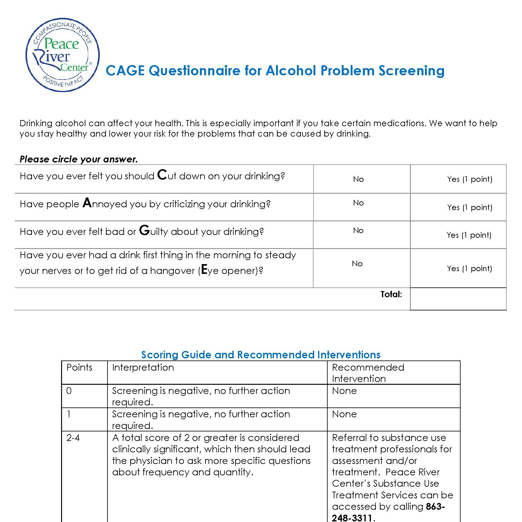 CAGE Substance Abuse Screening form image